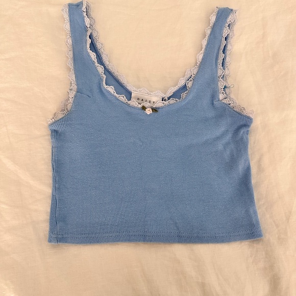 Daisy Street Tops - Sky Blue Ribbed Lace-Trim Cropped Tank